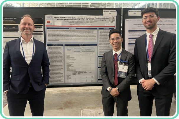 Gintas Krisciunas, Ruby Nguyen, and Kamel Moufarrej presenting their poster at the 2026 AHNS International Conference on HNC