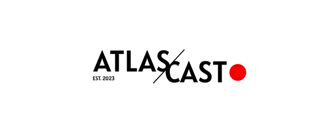 A banner reading "Atlas Cast, established 2023." The globe-grid logo for the atlas is shown similar to a recording light.