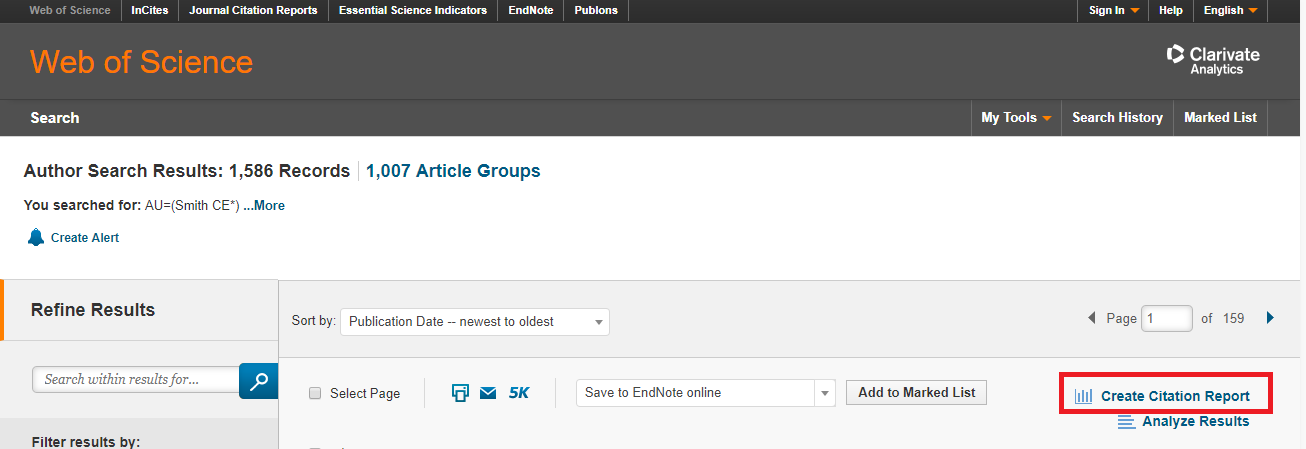 Once all authors have been added to the list, click on Create Citation Report.
