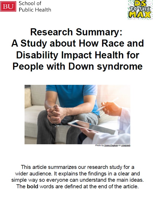 Easy Read on a study about how race and disability impact health for people with Down syndrome