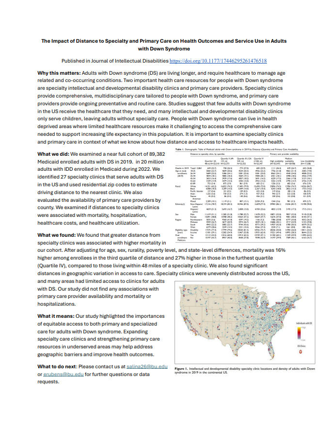 The Impact of Distance to Specialty and Primary Care on Health Outcomes and Service Use in Adults with Down Syndrome.