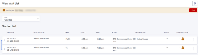 Example of View Wait List page while using Act As User.