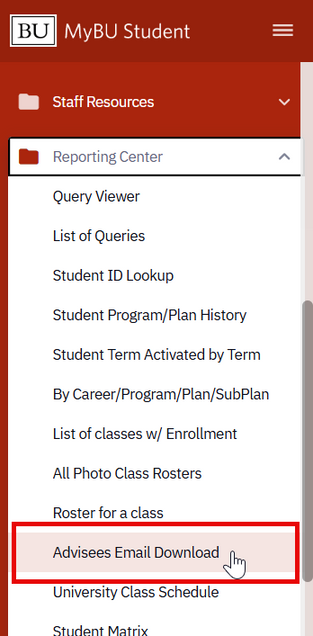 MyBU Student menu highlighting Advisees Email Download selection.