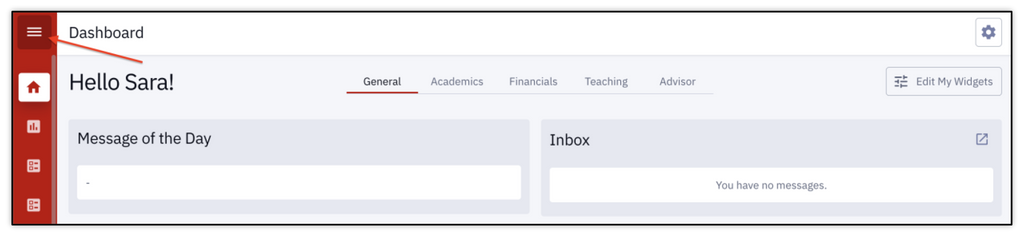 This image shows the top of the MyBU student dashboard, pointing to the expand/collapse icon at the top left of the screen.