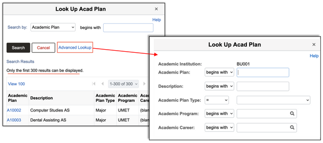 This image highlights the advanced lookup feature of the look up academic plan page, which can be used to help narrow your search.