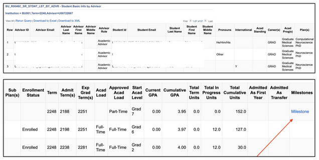 This image shows the student basic info by advisor query, an example of a frequently used advising report. It highlights the milestone link on the right side of the page that allows you to view the details of a student's milestone.