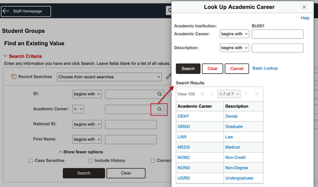 Using Academic Career as example, the pop up window displays with avialble values when clicking the lookup icon