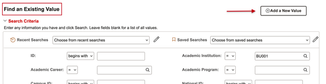 Example of inital search page with finad an existing option and add a new value option highlighted