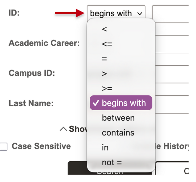 Menu of search operations available for a field