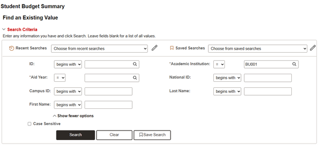 Student Budget Summary search screen
