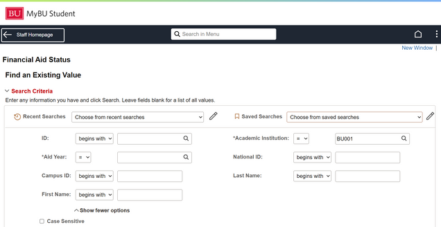 View FA Status search prompts.