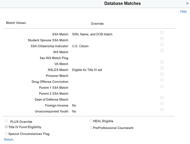 Database Matches page example.