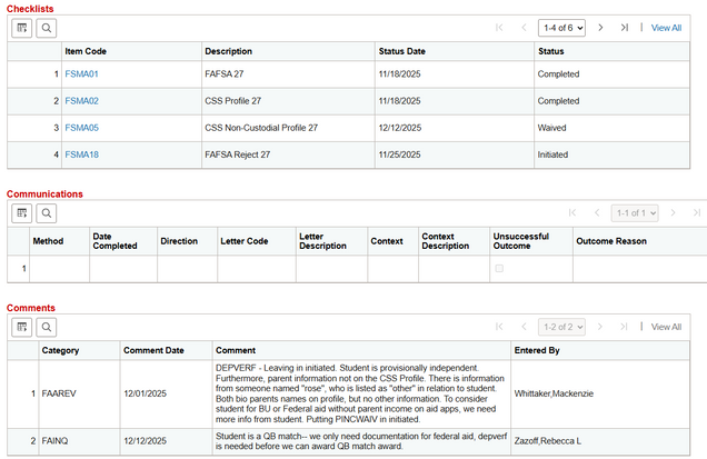 Example of Checklists, Communications, and Comments sections.