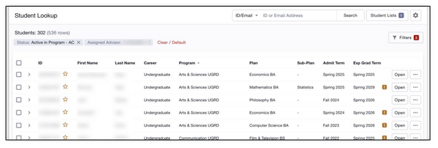 This image shows the advisee and student lookup page.