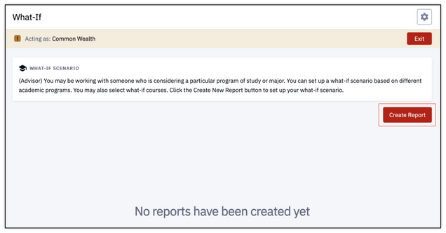 This image shows the What If report page, highlighting the create report button.