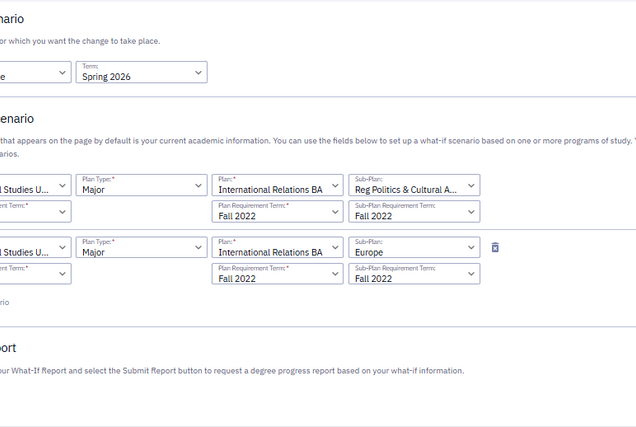 This image shows all the scenario fields that must be filled out to generate a degree progress report for the desired what if scenario.