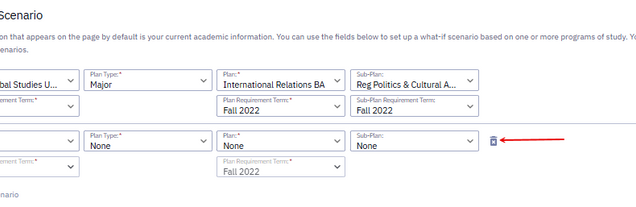 This image points out the trash/delete button that should be used to remove any what if scenarios with blank required fields.