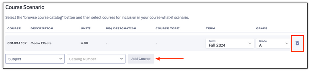 This image shows the course scenario section, highlighting the add course button as well as the trash/delete icon that can be used to delete a set of course information.