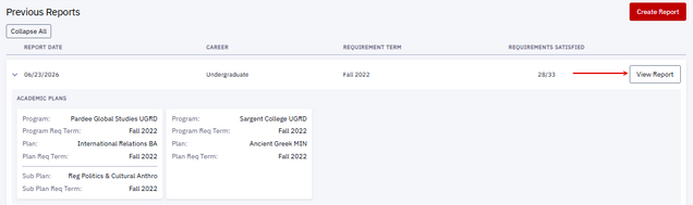 This image highlights the view report button on the main what if page that can be clicked onto review existing what if reports.