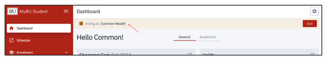 This image shows an example of what the acting as banner looks like in MyBU Student.