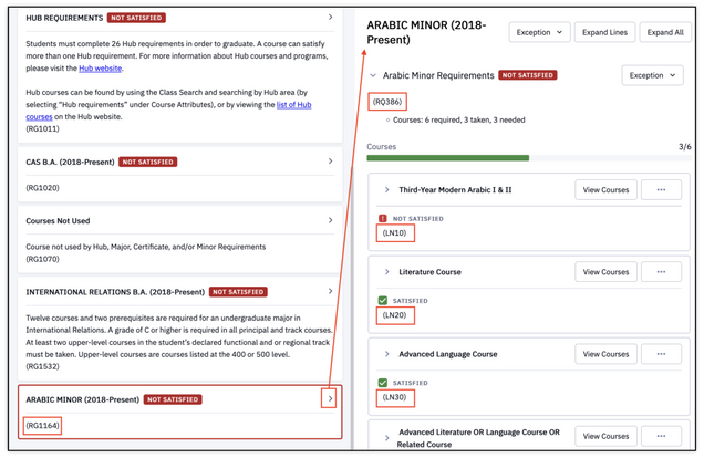 This image shows an example of what it will look like if you click the arrows that display requirement details, which show what specific aspects of that requirement are satisfied and unsatisfied.