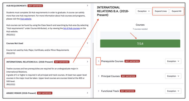This image shows the progress summary that will display above the requirement list when the expand arrow is clicked.
