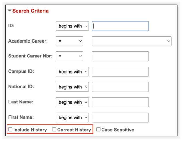 This image highlights where the include history and correct history selections are on the search criteria.