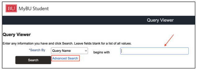 This image shows the query viewer feature in MyBU Student.