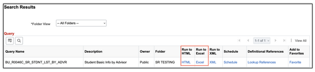 This image shows the query search results page, highlighting the run to HTML and run to excel columns.