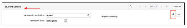 This image highlights a plus icon on the right side of the screen under the student details section