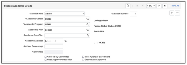 This image shows the student academic details section, including a search bar to enter or lookup an academic advisor's BUID.