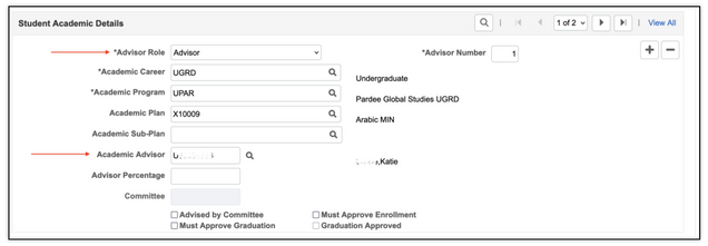This image shows the student academic details section and highlights the advisor role and academic advisor lookup