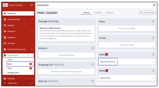 This image displays the MyBU Student Dashboard, highlighting the tasks widget as well as the tasks tab under My Information in the left menu.