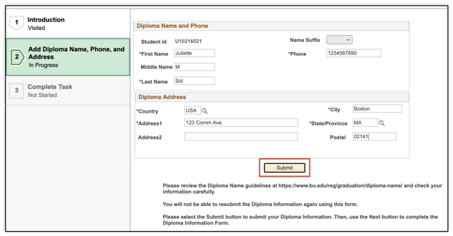 This image shows step two on the diploma information page, with a submit button at the bottom of the page.