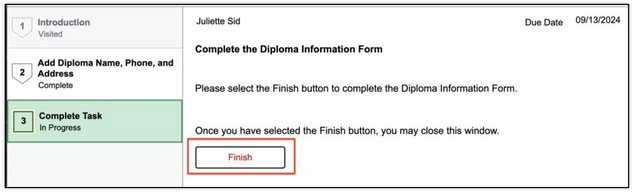 This image shows step three on the diploma information page, with a finish button at the bottom of the page.