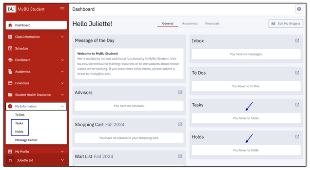 This image shows the MyBU Student Dashboard with the dipoma task and hold no longer displayed.