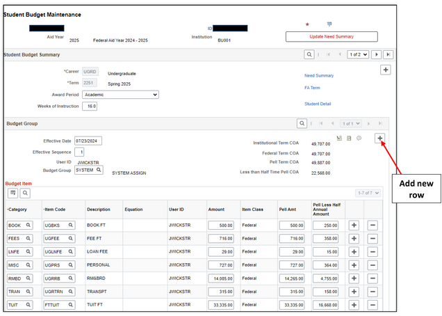 This image shows the student budget maintenance page, highlighting the plus icon on the right side of the budget group section.