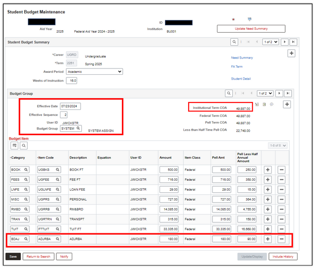 This image shows the student budget maintenance page, highlighting the updates to the budget group and budget item sections.