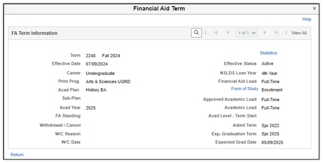 This image shows the financial aid term page.