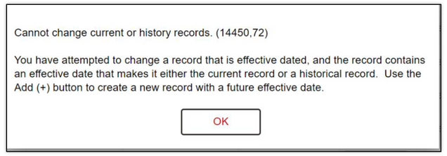 This image shows the error message that will pop up if the user attempts to make a change in the Update/Display option.
