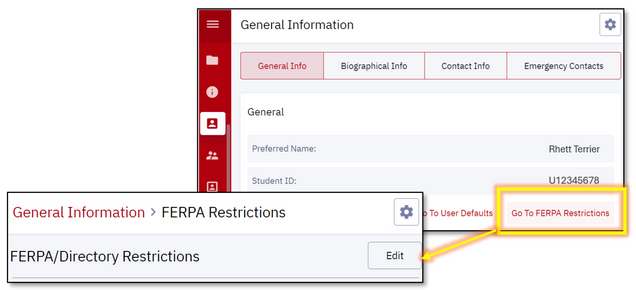 This image shows the general information page in MyBU student and highlights the Go to FERPA restrictions button on the bottom right of the page.