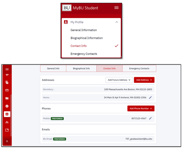 This image shows the contact info tab under my profile on the MyBU student dashboard and shows how addresses, phones, and emails can be updated or edited.