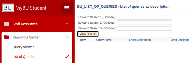Menu navigation and search prompts for the List of Queries report.