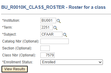 Example of search prompts for ROSTER FOR A CLASS