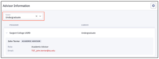 Image displays advisor information page, with undergraduate selected for the Career. Program, advisor name, and advisor email information is listed.