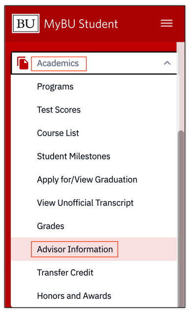Image displays the Academics tab in MyBU Student with the Advisor Information tab selected
