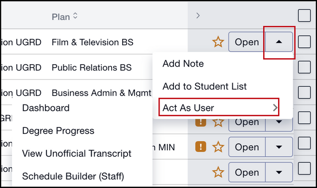 This image shows the open actions menu for a student, with the Act As options available.