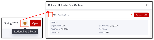 This image highlights the release hold button that can be accessed from the My Advisees page by clicking the exclamation icon.