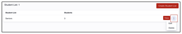 Image displays where to find the three dot menu on the student list where you are able to select edit or delete