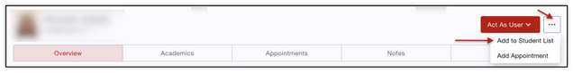 Image displays the Student Details page and adding that student to student list from the 3 dots menu